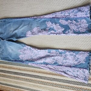 True Religion Blue and Purple Flare Jeans with Lace